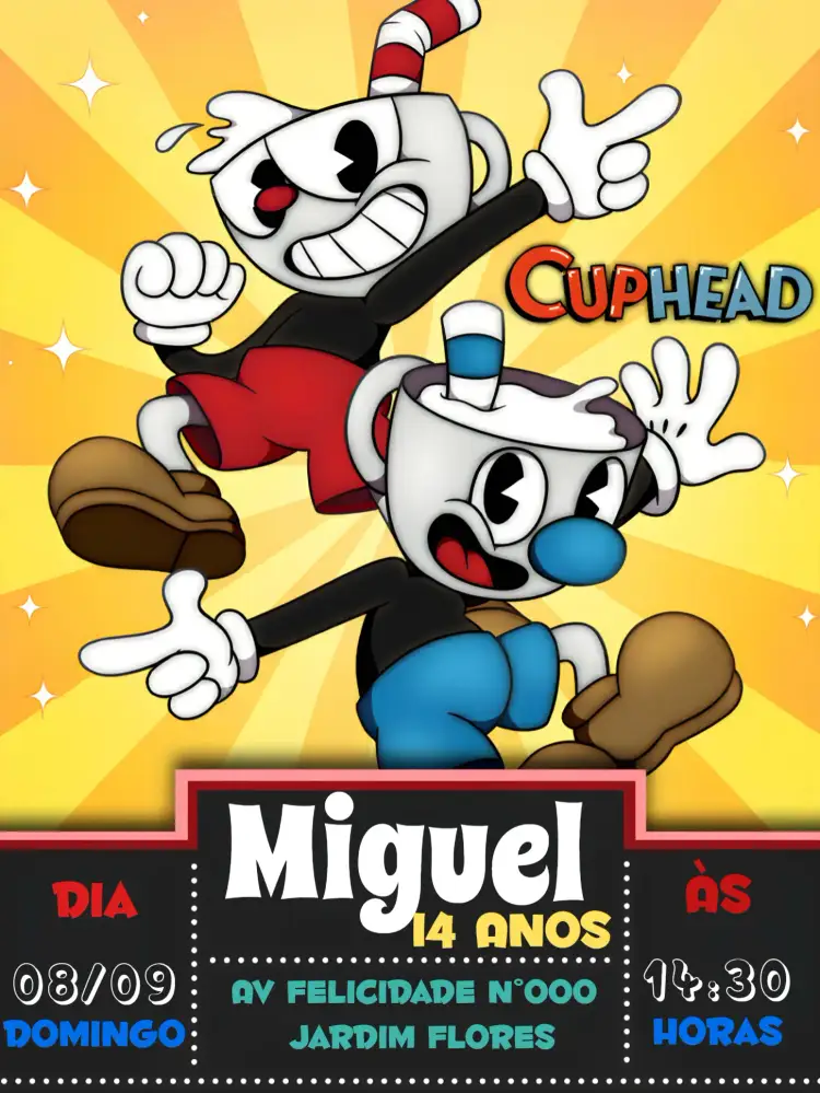 Convite Cuphead Amarelo – tema Mais pesquisados Cuphead, Jogos, Animação