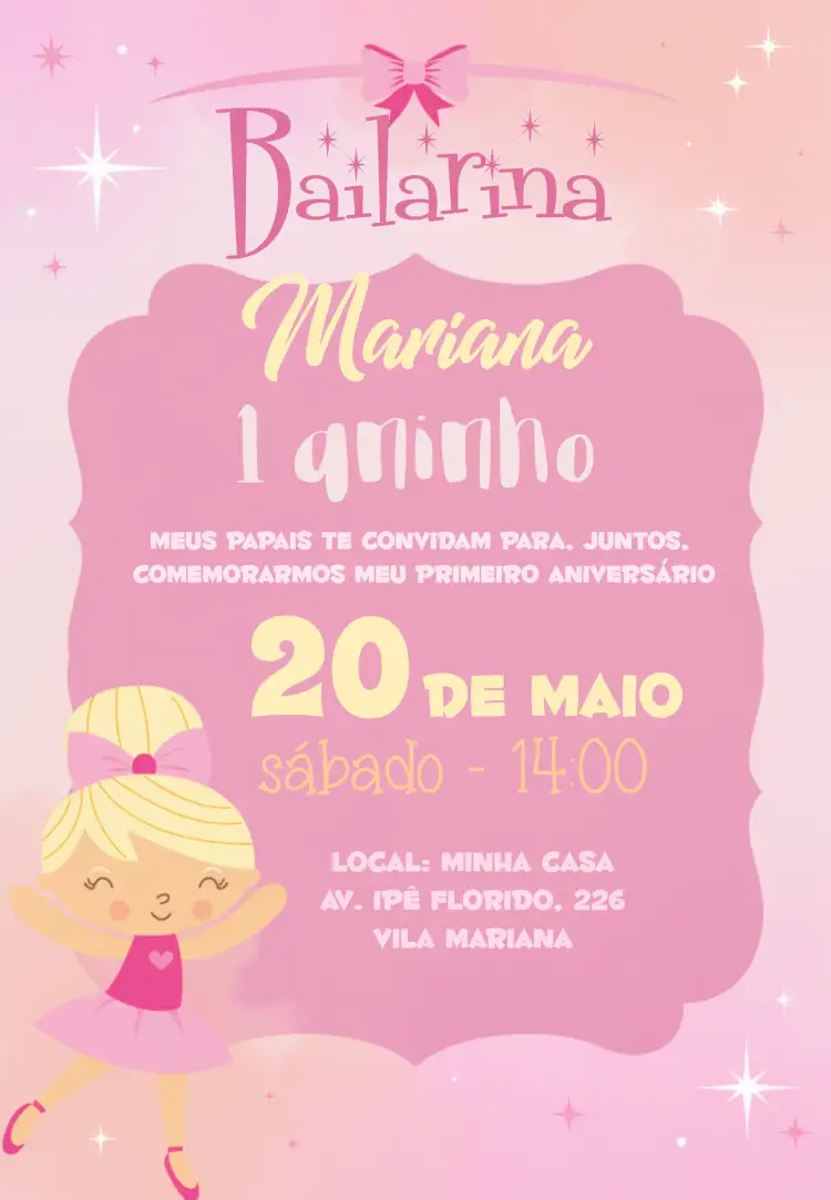 Convite Da Bailarina Diney – tema Aniversário Infantil rosa, colorido, ballet, princesas, festivo, divertido