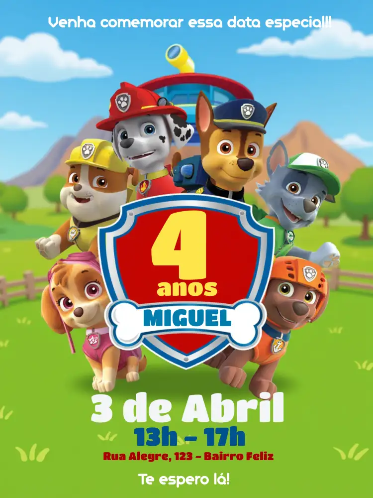 Convite Da Patrulha Canina Azul – tema Aniversário Infantil colorido, divertido, infantil, temático, moderno