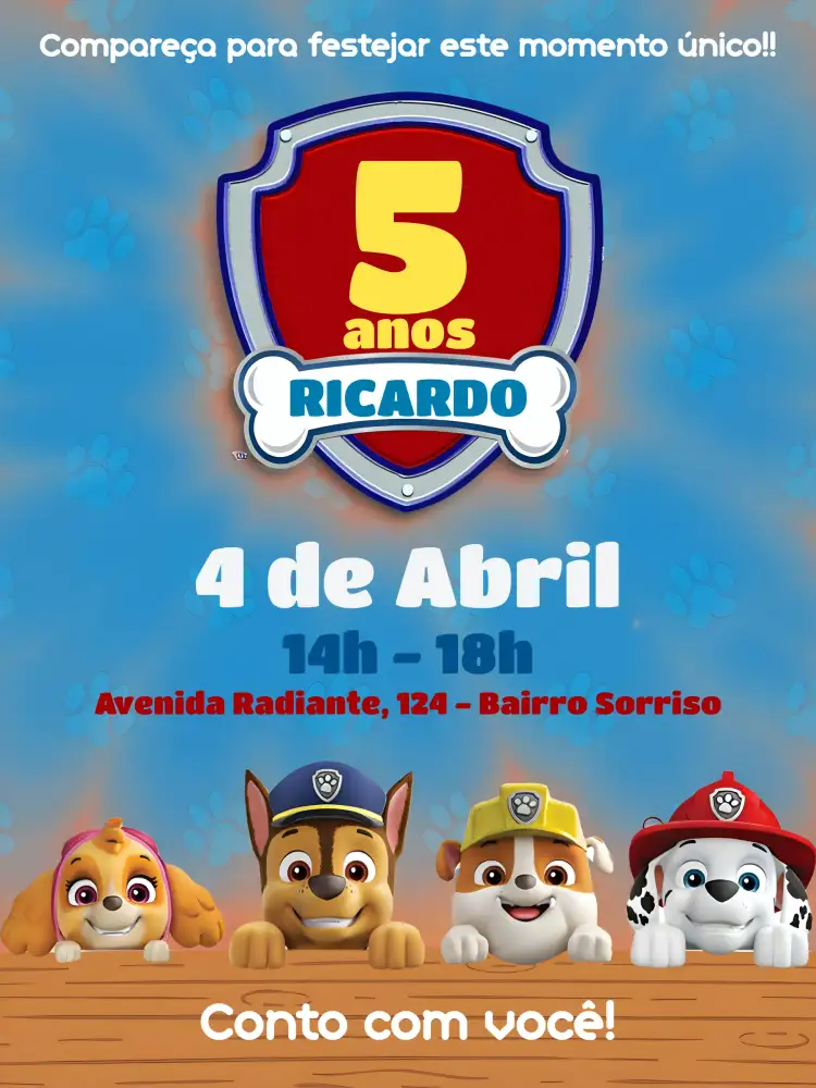 Convite Da Patrulha Canina Patrol – tema Aniversário Infantil colorido, divertido, temático, infantil, aventura