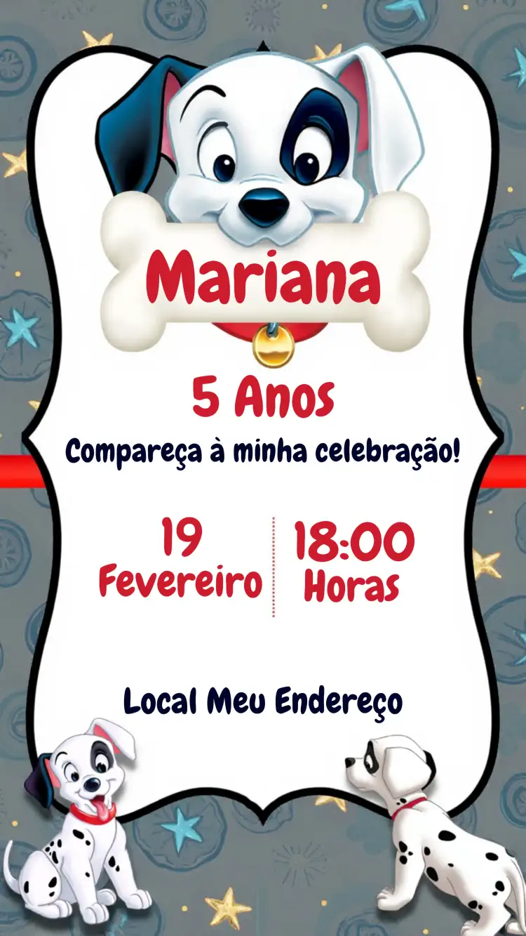 Convite Damaltas 101 – tema Mais pesquisados colorido, divertido, temático, animais, moderno