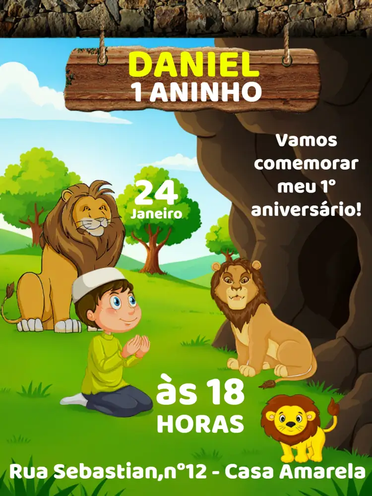 Convite Daniel Na Cova Dos Leões Marrom – tema Datas Comemorativas marrom, animais, divertido, temático, colorido, ilustração