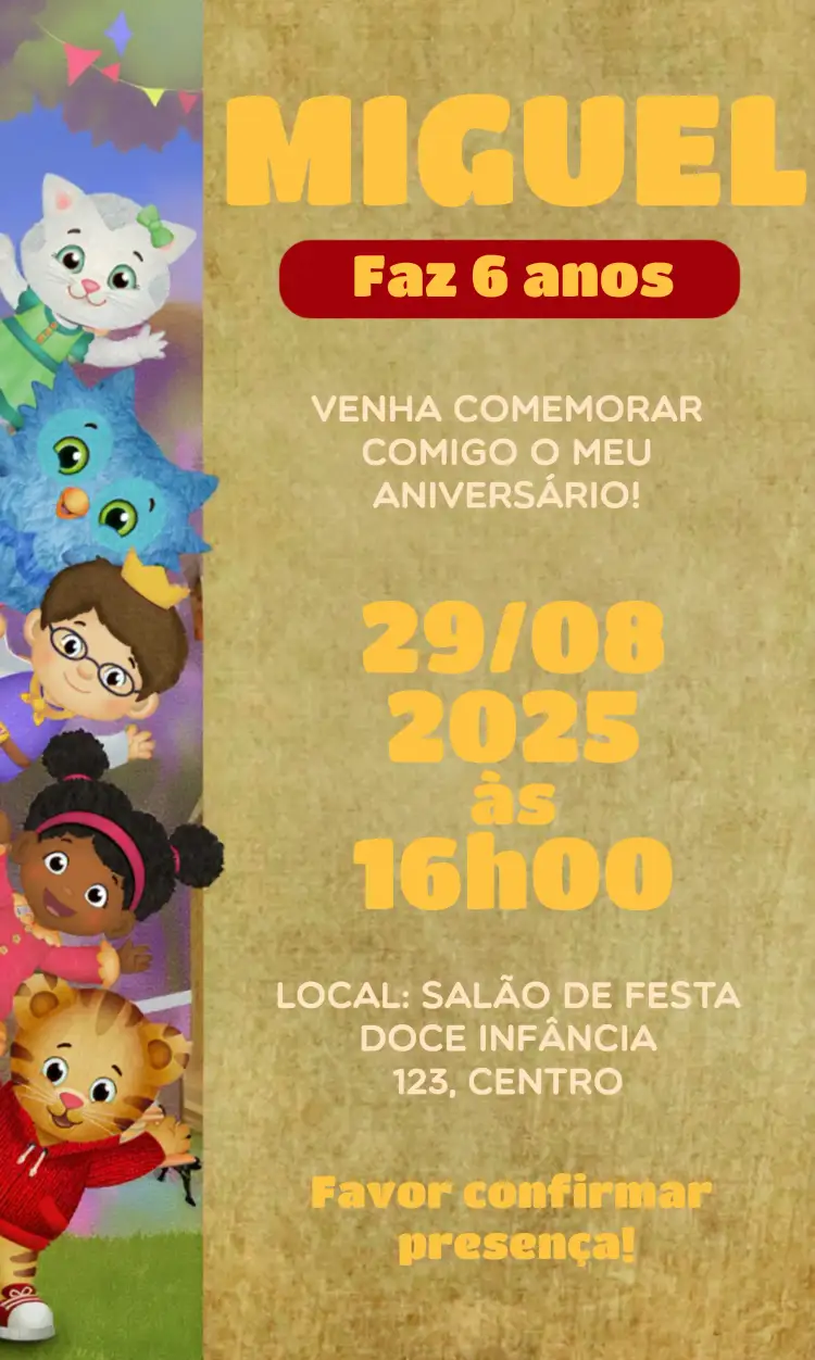 Convite Daniel Tiger Amarelo – tema Batizado infantil, colorido, divertido, lúdico, moderno