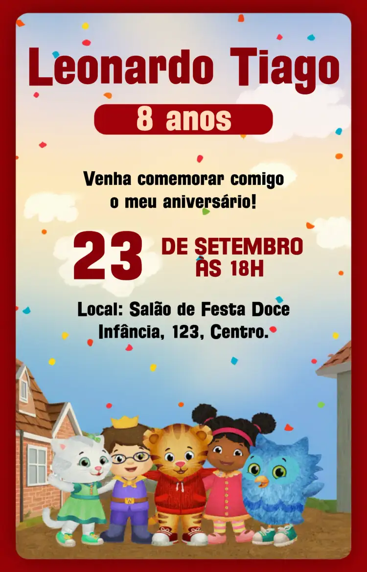Convite Daniel Tiger Senhora – tema Batizado colorido, divertido, infantil, moderno, animado