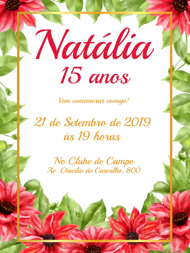 Convite De 15 Anos Clássico No Campo Luxuoso – tema 15 anos clássico, luxuoso, aquarela, floral, elegante, romântico