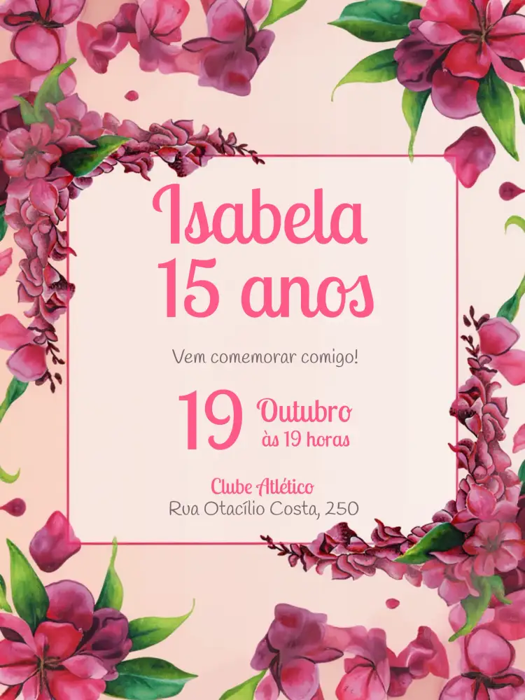 Convite De 15 Anos Delicado E Romântico Com Flores Salmão – tema 15 anos floral, delicado, romântico, aquarela, elegante, moderno