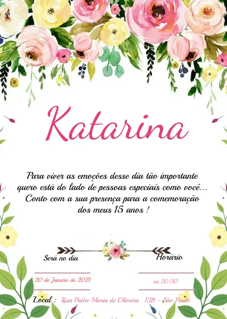 Convite De 15 Anos Floral Flores – tema 15 anos floral, romântico, elegante, moderno, delicado, feminino