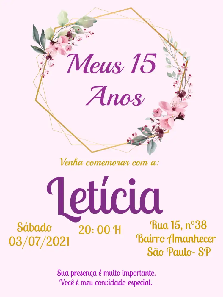 Convite De 15 Anos Floral Flores – tema 15 anos floral, romântico, dourado, moderno, colorido, elegante