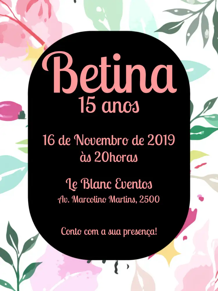 Convite De 15 Anos Floral - Preto Roxo – tema 15 anos floral, moderno, elegante, romântico, aquarela, preto e roxo