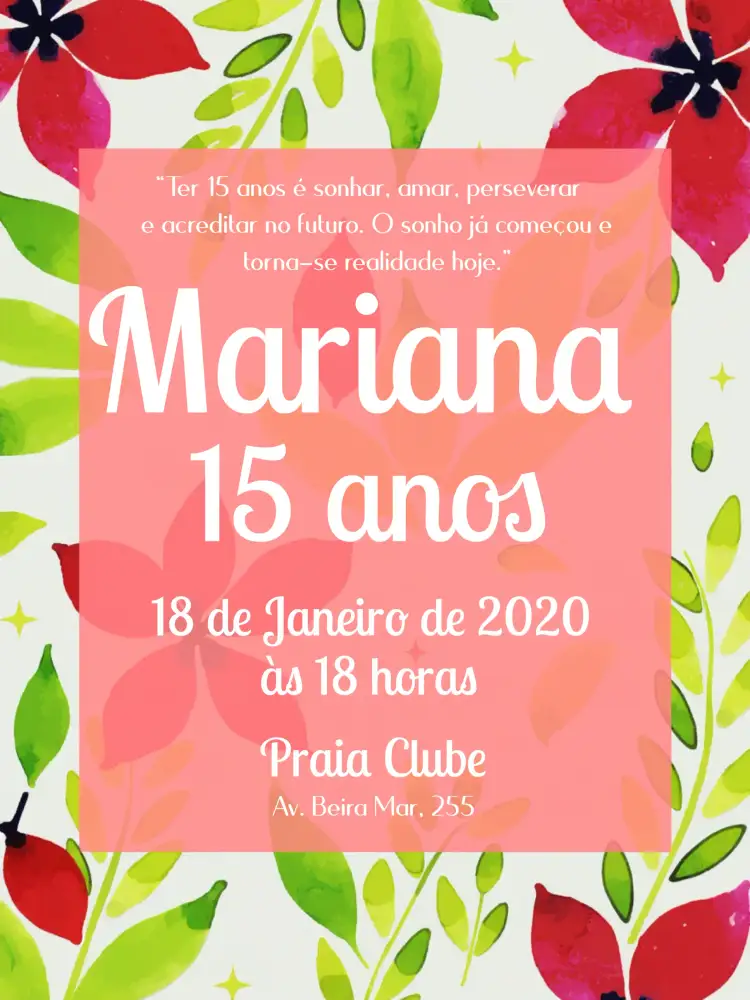 Convite De 15 Anos Florido Tropical Folhagens – tema 15 anos floral, tropical, aquarela, elegante, luxuoso, clássico
