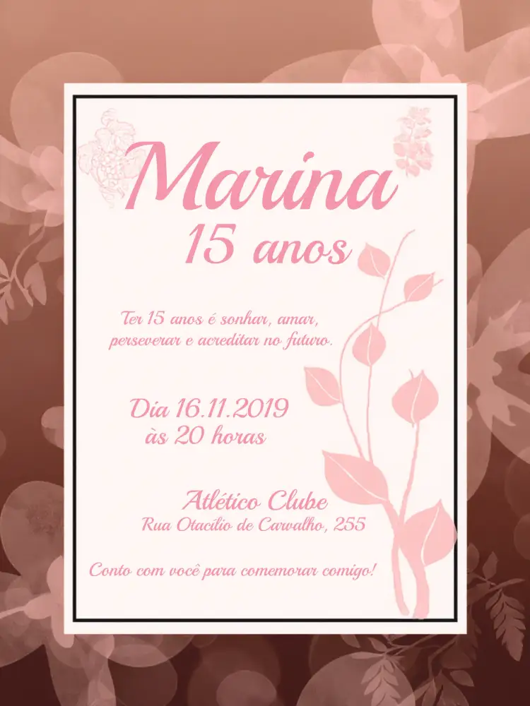 Convite De 15 Anos - Folhagem Rosê Rosa – tema 15 anos rosê, rosa, folhagem, delicado, moderno, elegante