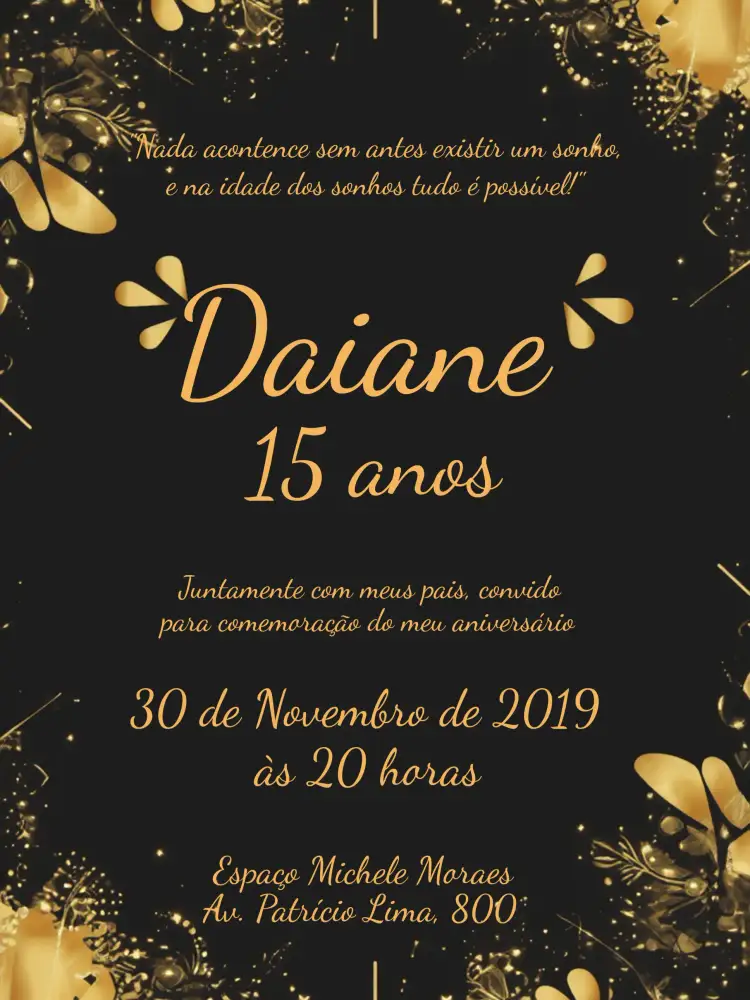 Convite De 15 Anos Luxuoso Elegante Festa – tema 15 anos dourado, preto, glitter, elegante, moderno, clássico