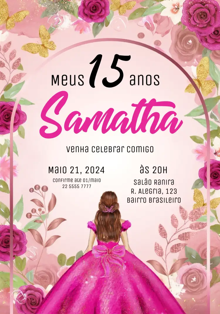 Convite De 15 Anos Princesa Vestido – tema 15 anos rosa, glitter, floral, elegante, moderno, princesa