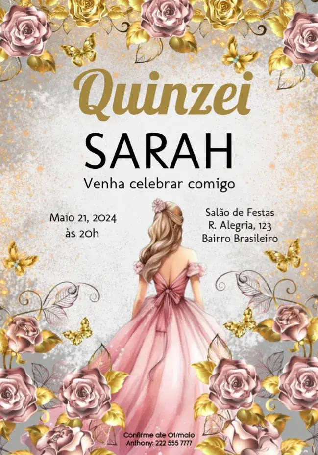 Convite De 15 Anos Rosas Gold Fifteen – tema 15 anos floral, dourado, rosa, elegante, moderno, princesa