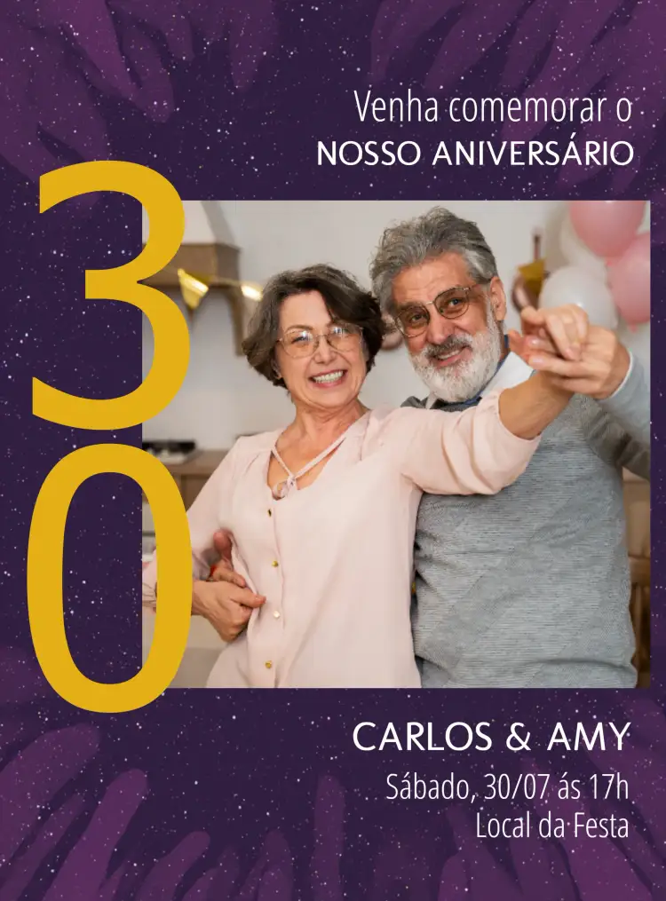 Convite De Casamento 30 Anos Roxo Dourado – tema 15 anos roxo, dourado, elegante, clássico, moderno