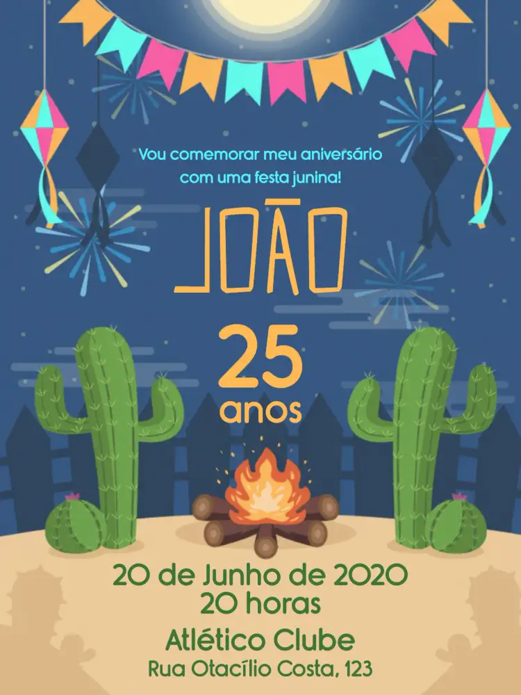 Convite De Festa Junina Arraiá João – tema Datas Comemorativas colorido, vintage, caipira, rústico, festivo, tradicional