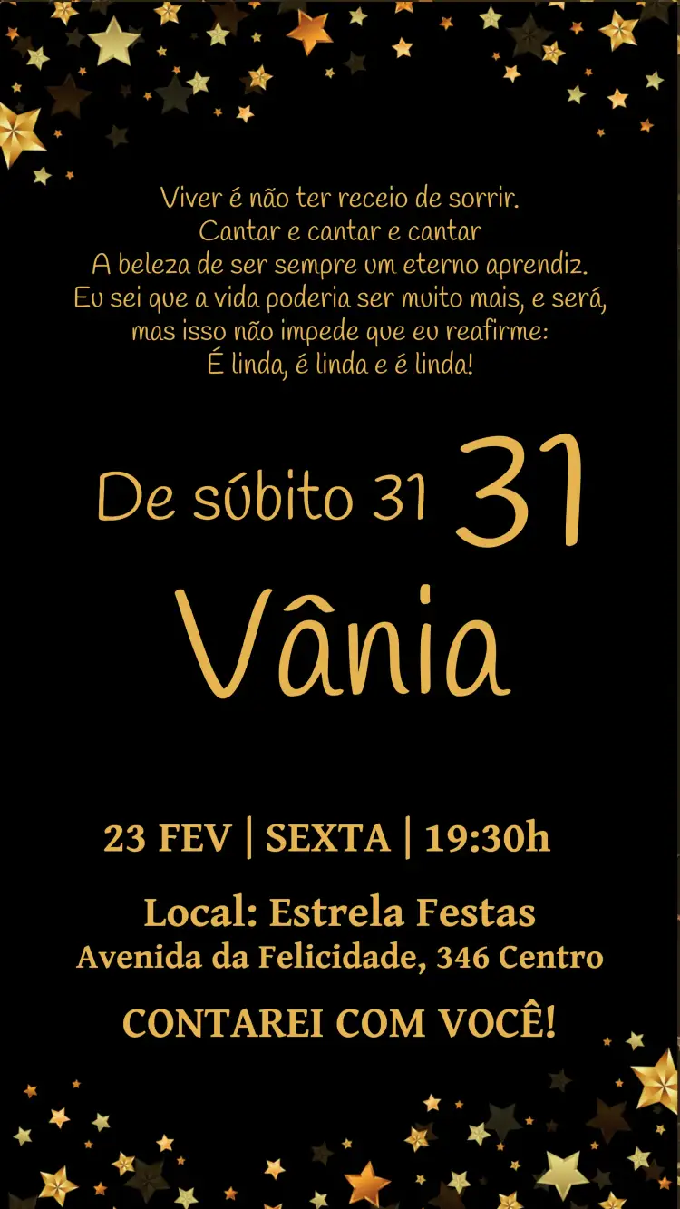Convite De Repente 30 Adulto – tema Aniversário preto, dourado, estrelas, moderno, elegante, glamouroso