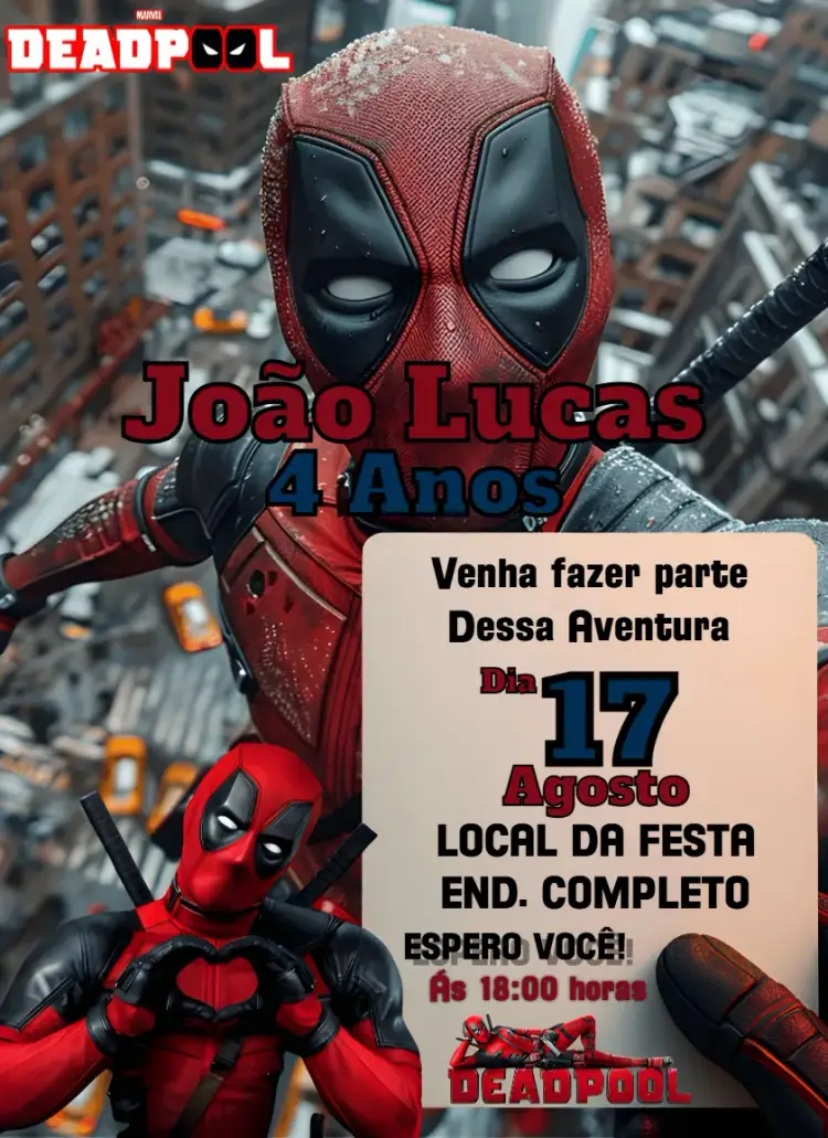 Convite Deadpool – tema Aniversário Infantil cores vibrantes, estilo moderno, elementos gráficos da Marvel, design divertido, temática de super-heróis