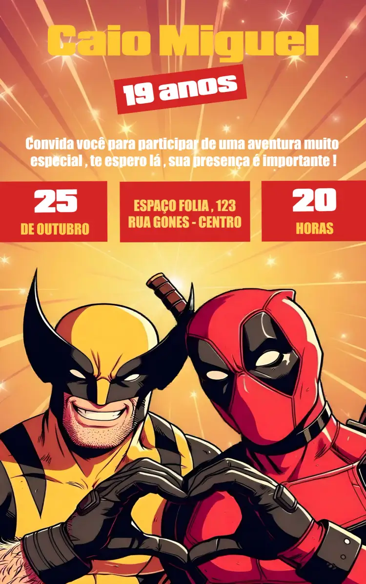 Convite Deadpool X Wolverine Amarelo – tema Datas Comemorativas quadrinhos, colorido, moderno, humorístico, vibrante
