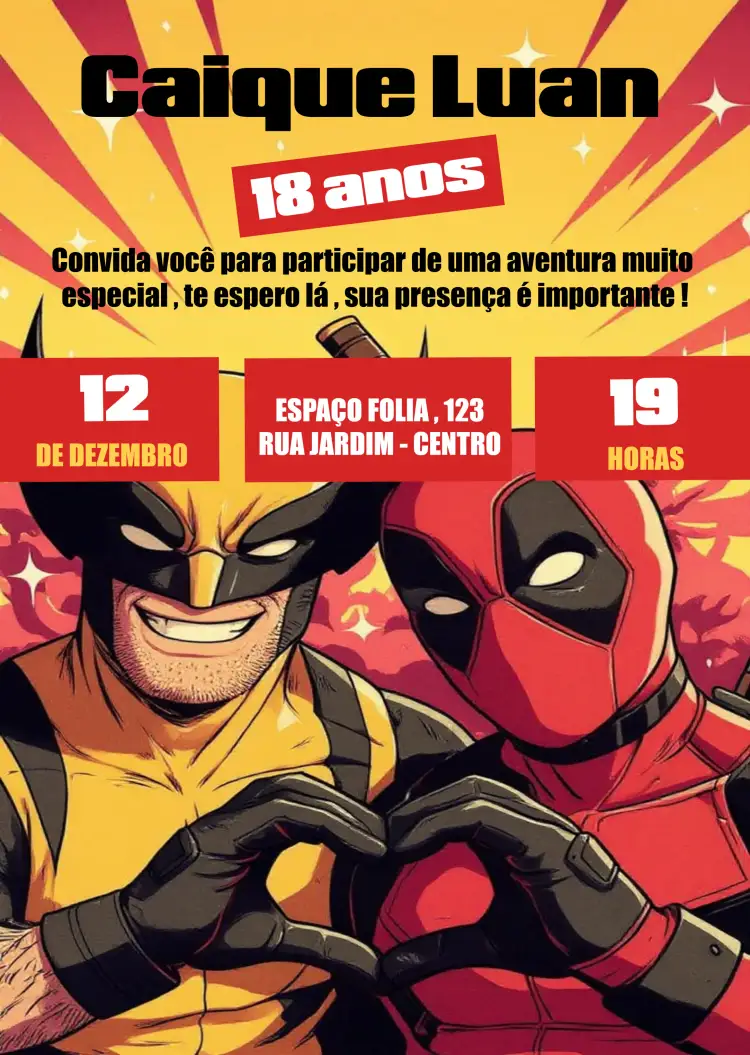 Convite Deadpool X Wolverine Filme – tema Datas Comemorativas vibrante, moderno, cômico, heroico, colorido