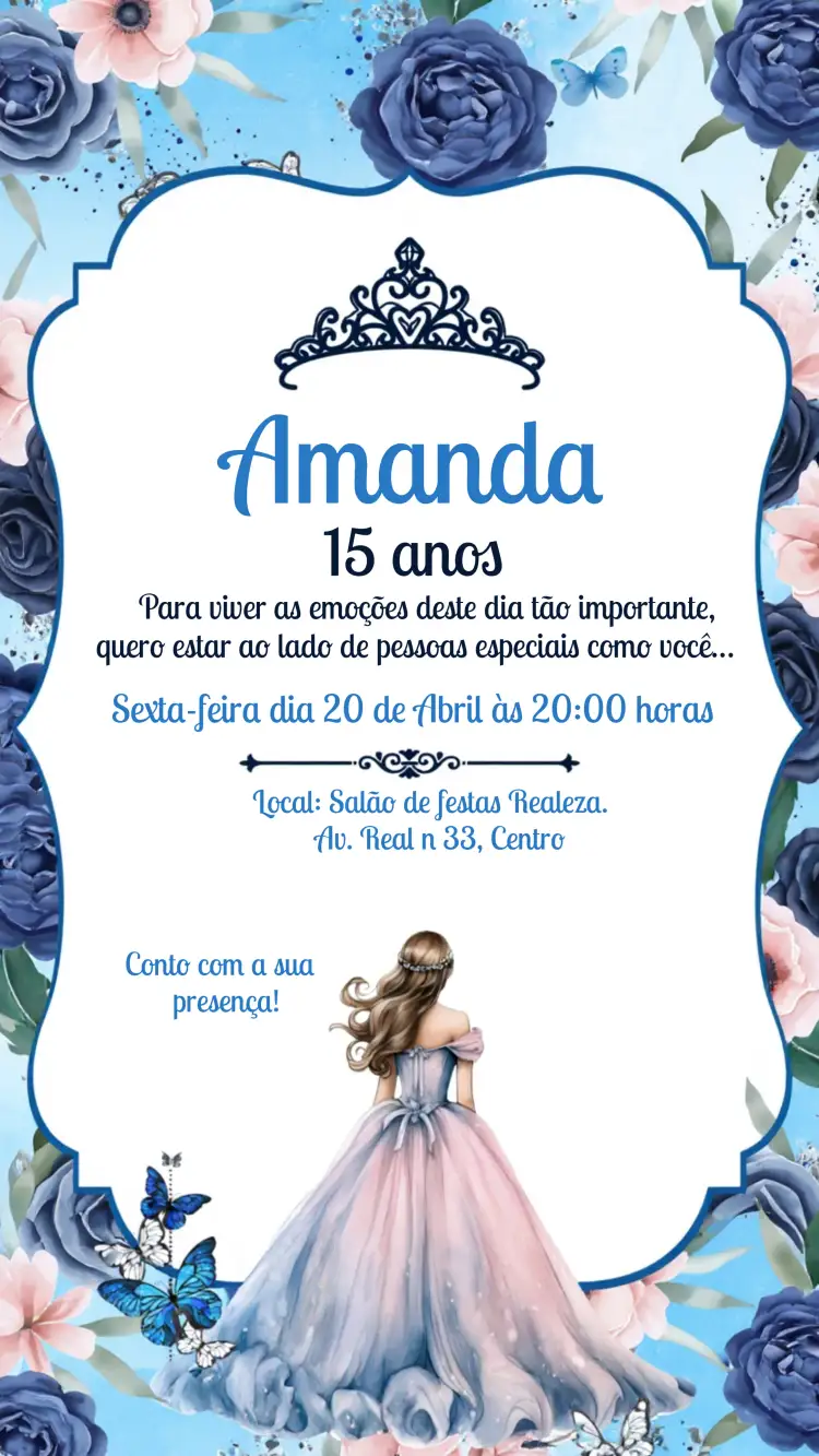 Convite Debutante Floral 15 – tema 15 anos floral, elegante, moderno, azul, romântico, delicado