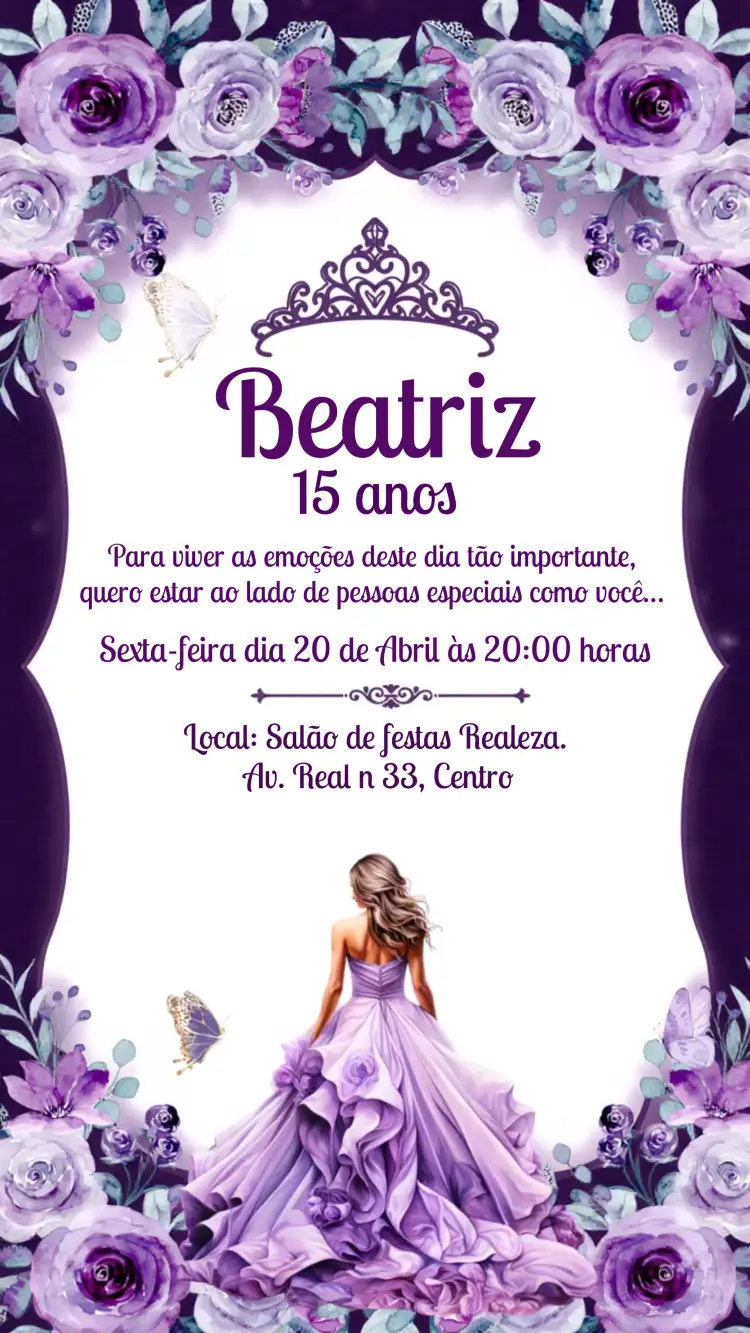 Convite Debutante Lilas – tema 15 anos floral, romântico, moderno, elegante, pastel, jovem