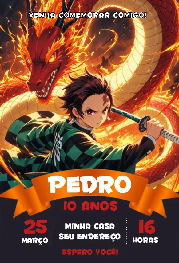 Convite Demon Slayer 2 – tema Aniversário Infantil vibrante, anime, colorido, moderno, divertido, temático