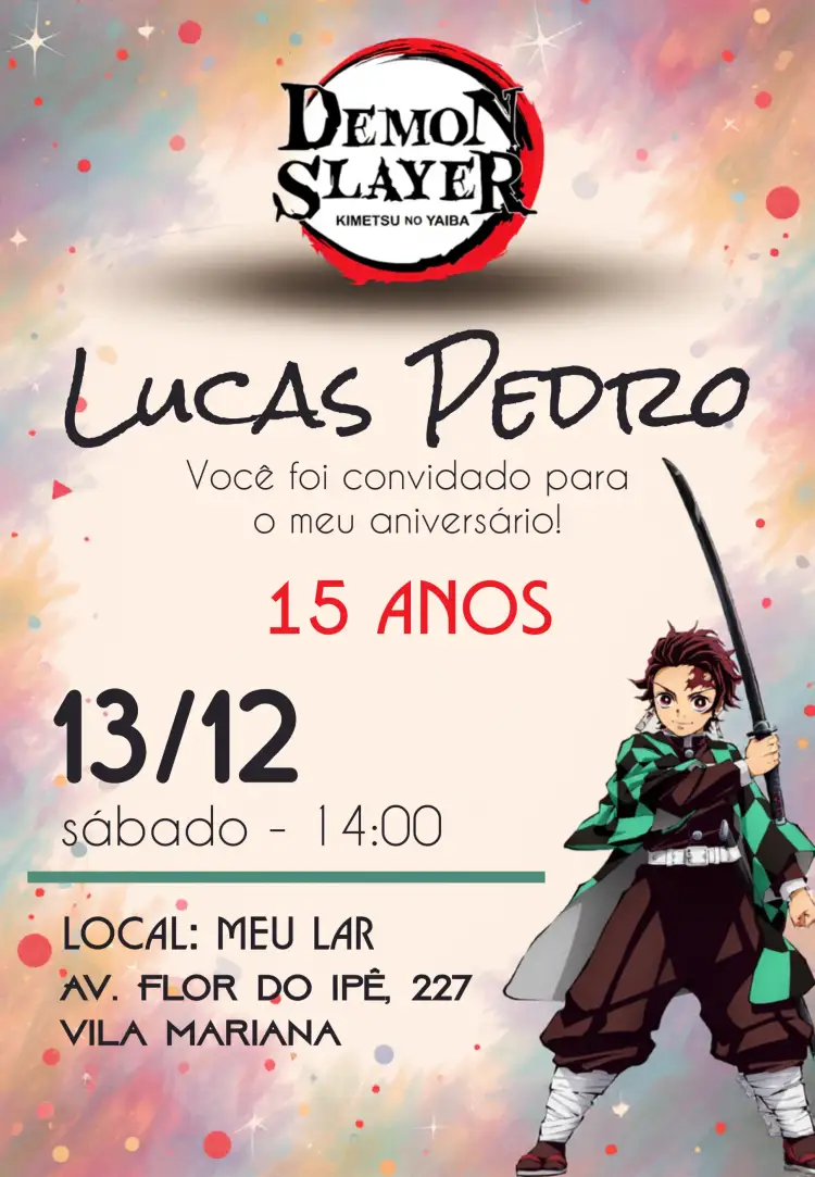 Convite Demon Slayer Anime Kimtsu No Yaiba Naruto – tema Aniversário Infantil colorido, moderno, temático, divertido, anime, jovial