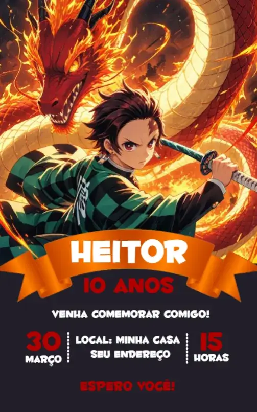 Convite Demon Slyer – tema Aniversário anime, colorido, moderno, fantasia, gráficos dinâmicos