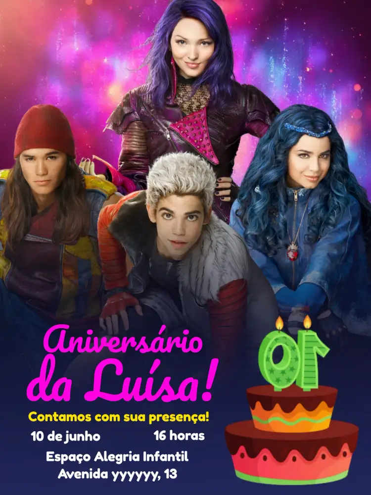 Convite Descendentes Bolo – tema Aniversário Infantil colorido, divertido, infantil, moderno, ilustrações de bolo, vibrante