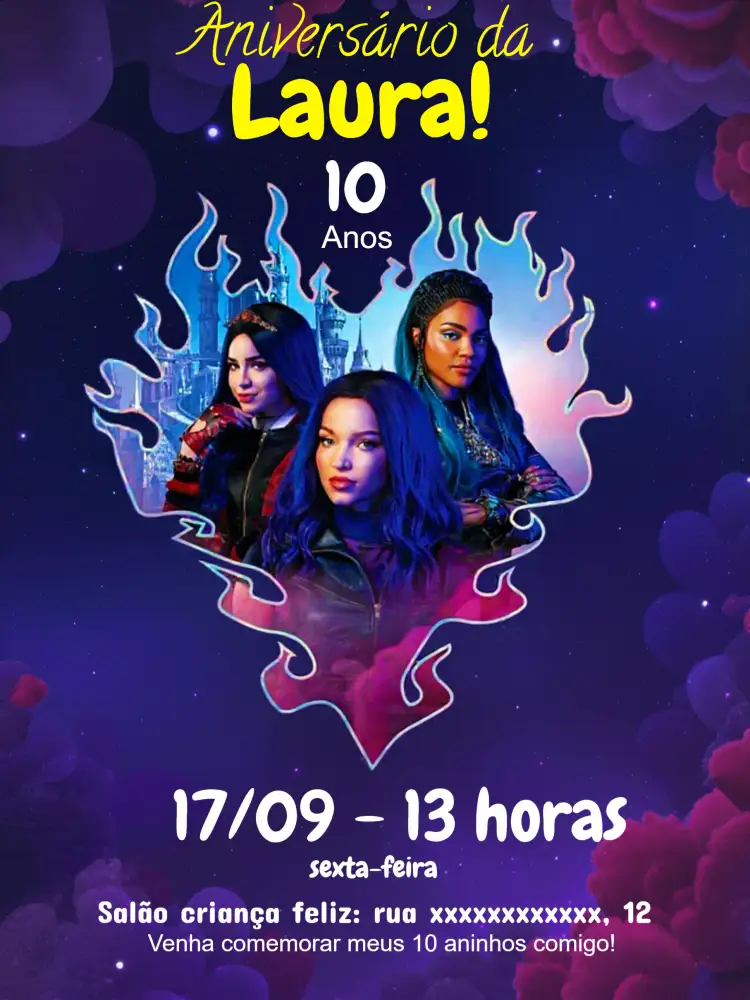 Convite Descendentes Coração – tema Aniversário Infantil roxo, amarelo, branco, coração, castelo, divertido