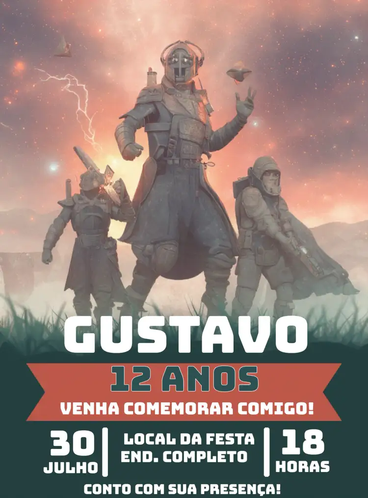 Convite Destiny 2 Jogador – tema Primeira Comunhão moderno, gamer, colorido, ação, futurista