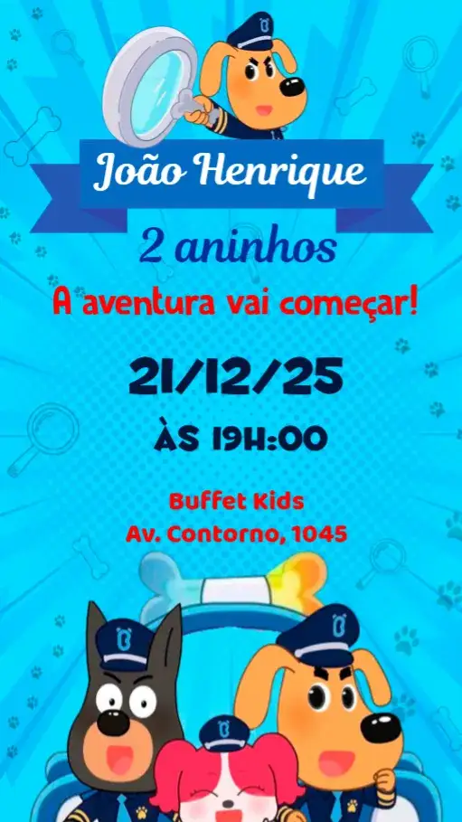 Convite Detetive Labrador – tema Aniversário Infantil colorido, divertido, infantil, ilustrações fofas, tema de detetive