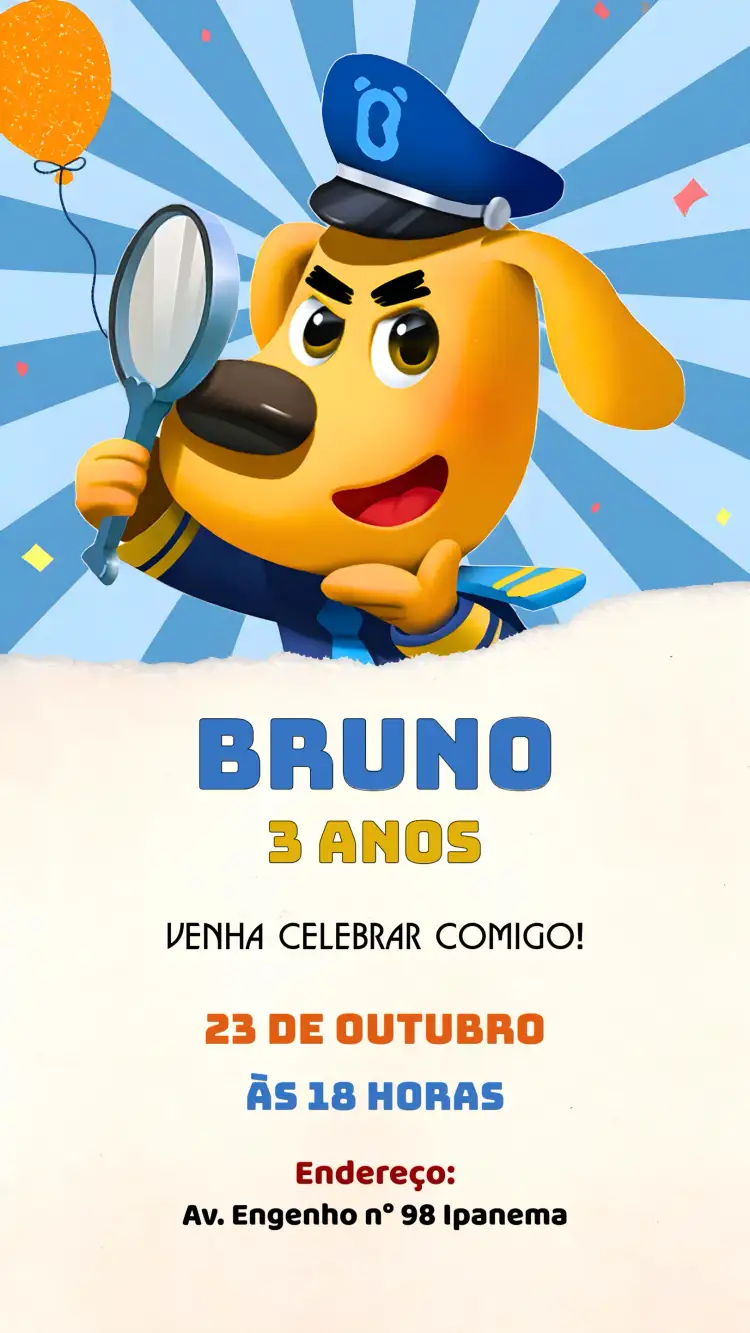 Convite Detetive Labrador Cachorro – tema Mais pesquisados azul, lúdico, divertido, infantil, cachorro, detetive