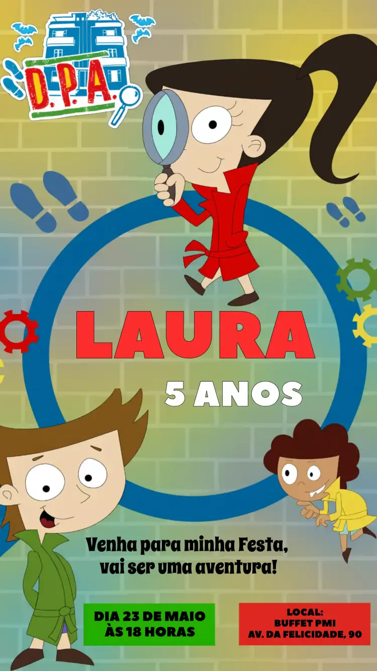 Convite Detetives Do Prédio Azul Dpa Infantil – tema Aniversário Infantil colorido, lúdico, aventura, infantil, temático