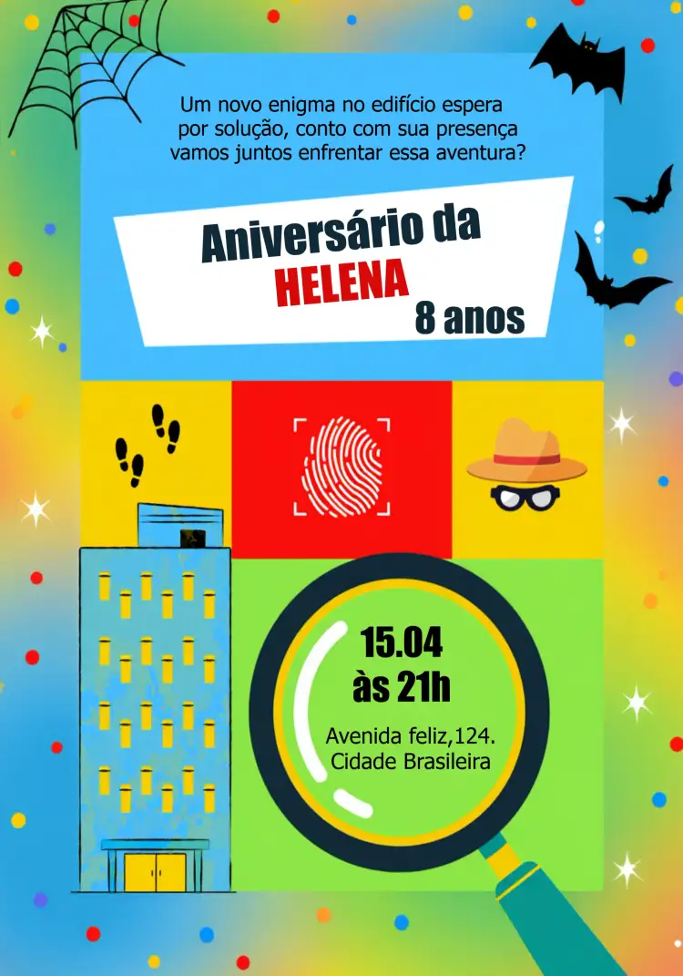 Convite Detetives Do Prédio Azul Colorido – tema Aniversário Infantil colorido, divertido, infantil, lúdico, aventura