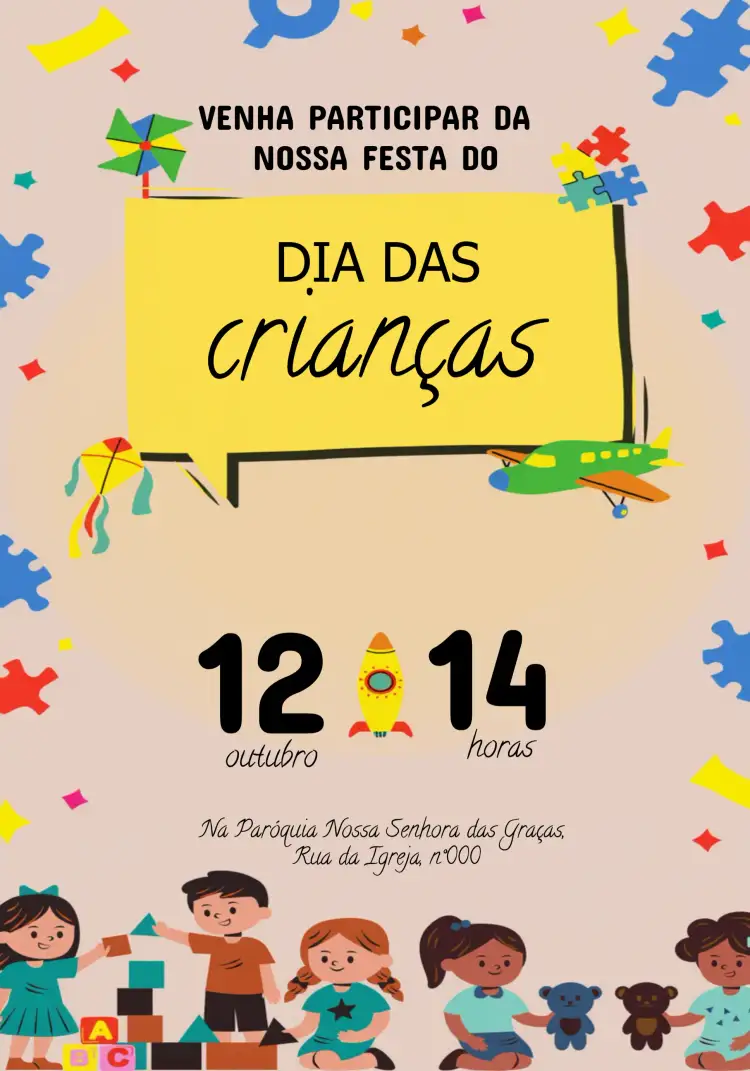 Convite Dia Das Crianças – tema Datas Comemorativas colorido, divertido, ilustrações infantis, moderno, brincalhão, animado