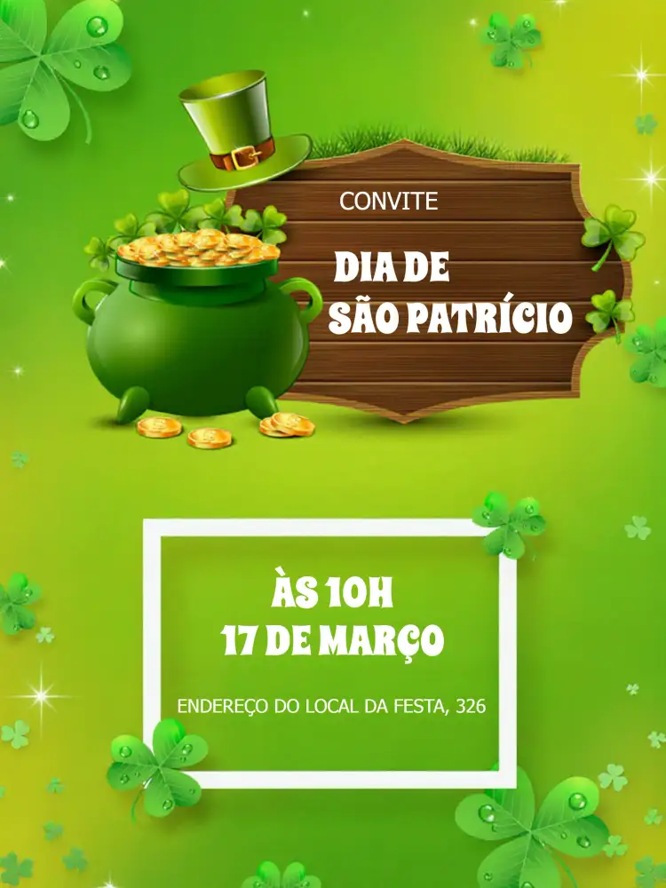 Convite Dia De São Patrício Comemoração – tema Datas Comemorativas verde vibrante, elementos irlandeses, estilo festivo, design moderno, gráficos divertidos, toques tradicionais