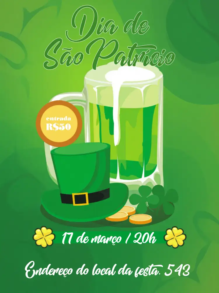 Convite Dia De São Patrício Comemoração – tema Datas Comemorativas verde vibrante, irlandês, festivo, divertido, moderno, temático