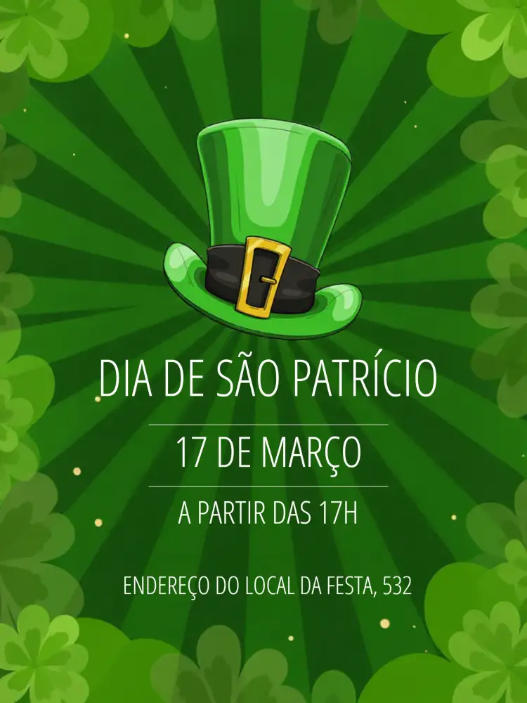 Convite Dia De São Patrício Day – tema Datas Comemorativas verde, irlandês, divertido, festivo, vintage, colorido