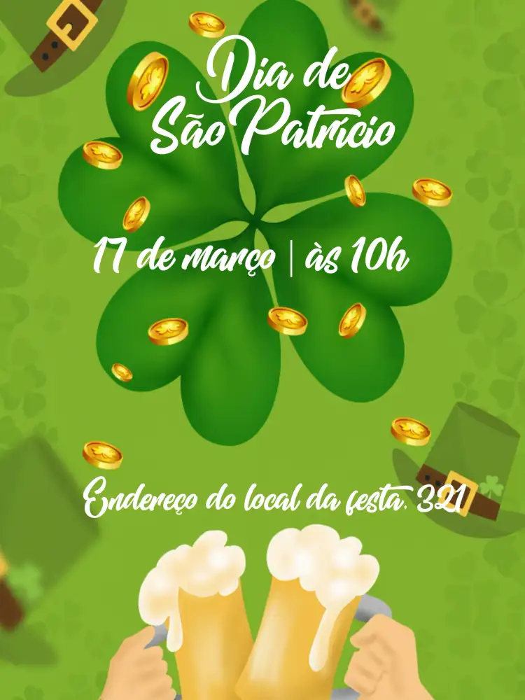 Convite Dia De São Patrício Festa – tema Datas Comemorativas verde, irlandês, festivo, moderno, vibrante, temático