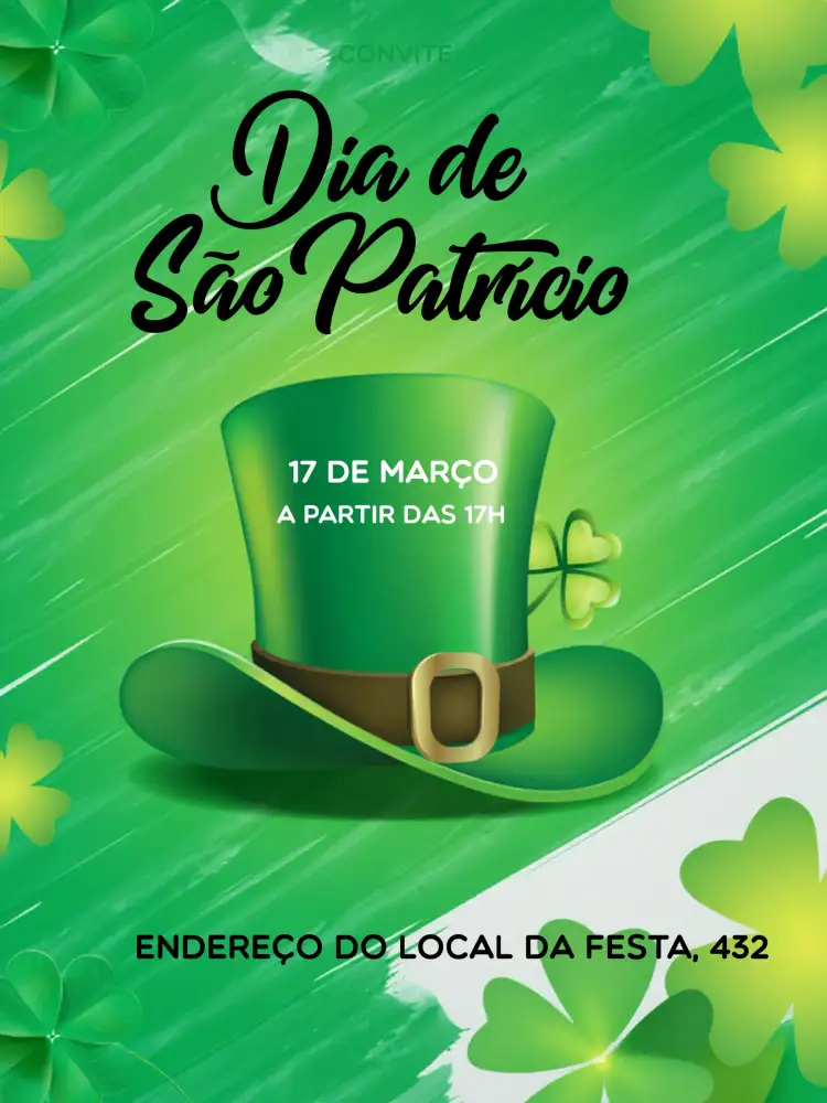 Convite Dia De São Patrício Festa – tema Datas Comemorativas verde, irlandês, festivo, divertido, temático, vibrante