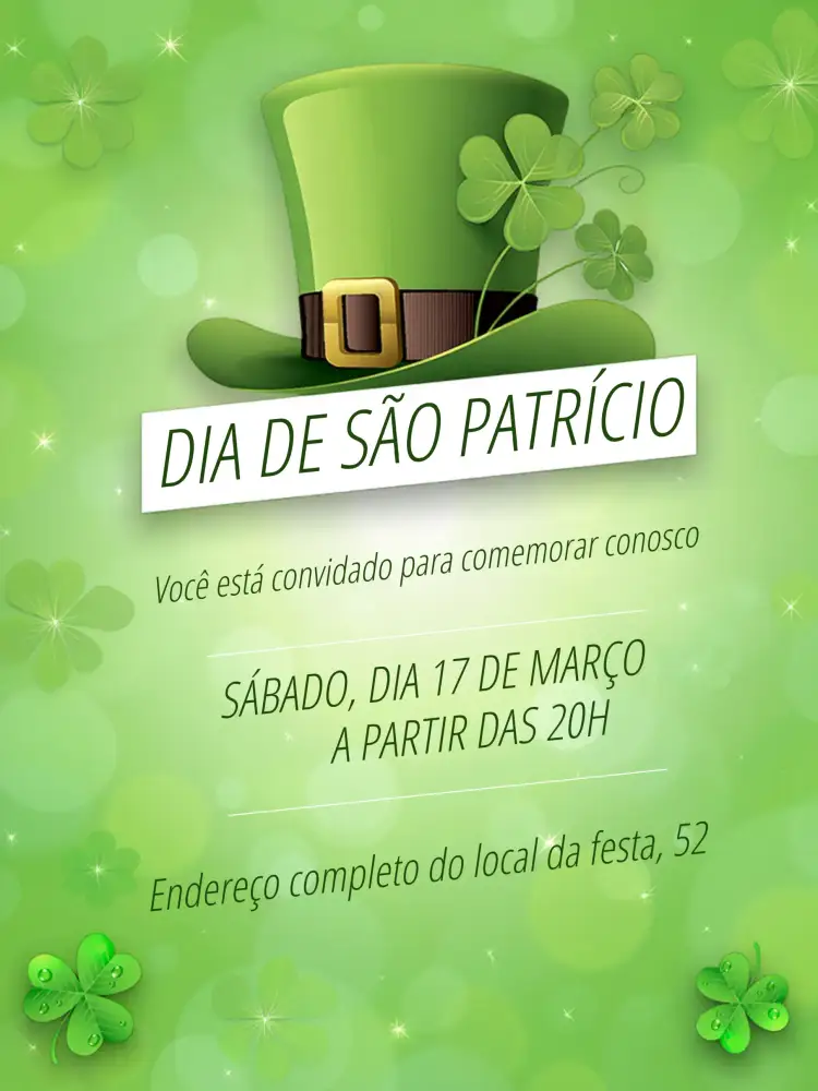 Convite Dia De São Patrício Patrick's – tema Datas Comemorativas verde vibrante, trevos, estilo festivo, design moderno, elementos irlandeses