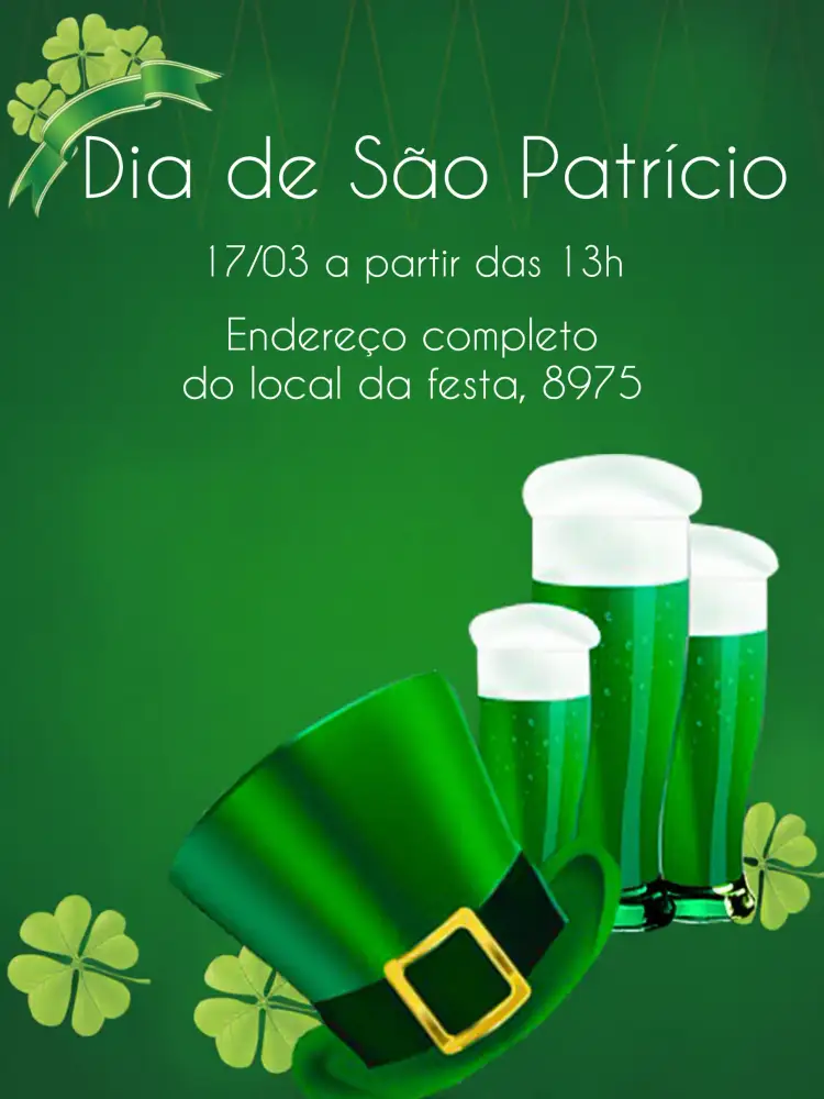 Convite Dia De São Patrício Saint – tema Datas Comemorativas verde vibrante, tradição irlandesa, elementos festivos, moderno, divertido, temático