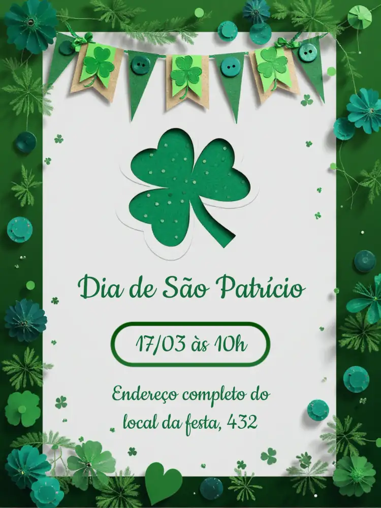Convite Dia De São Patrício Saint – tema Datas Comemorativas verde, irlandês, festivo, vintage, colorido