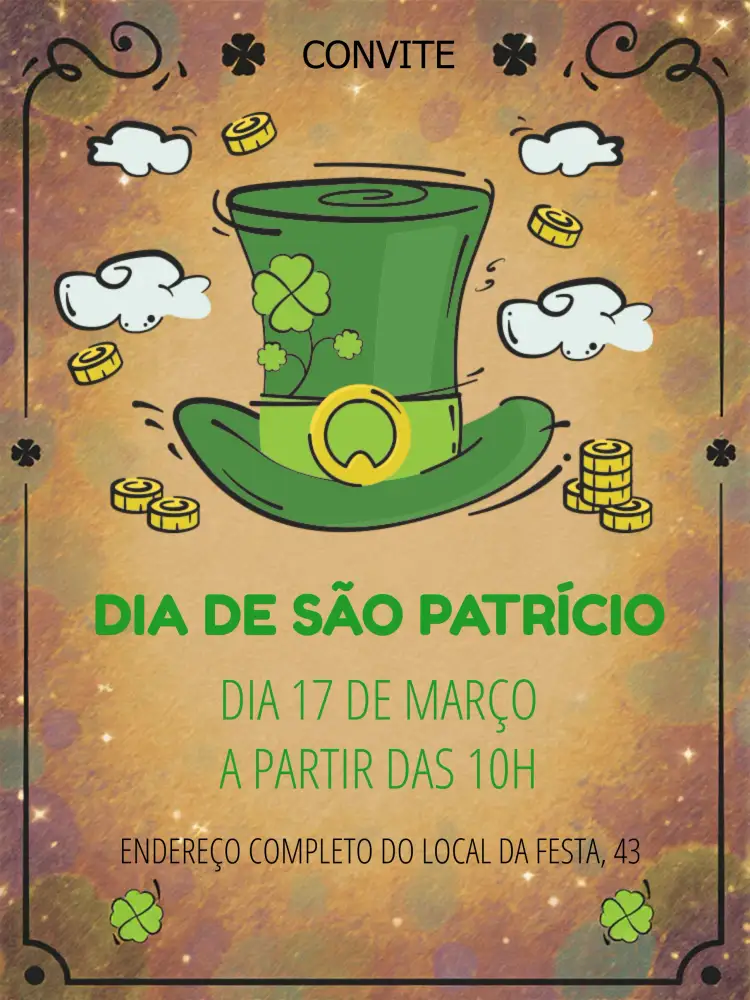 Convite Dia De São Patrício Verde – tema Datas Comemorativas verde, irlandês, festivo, vintage, divertido, minimalista