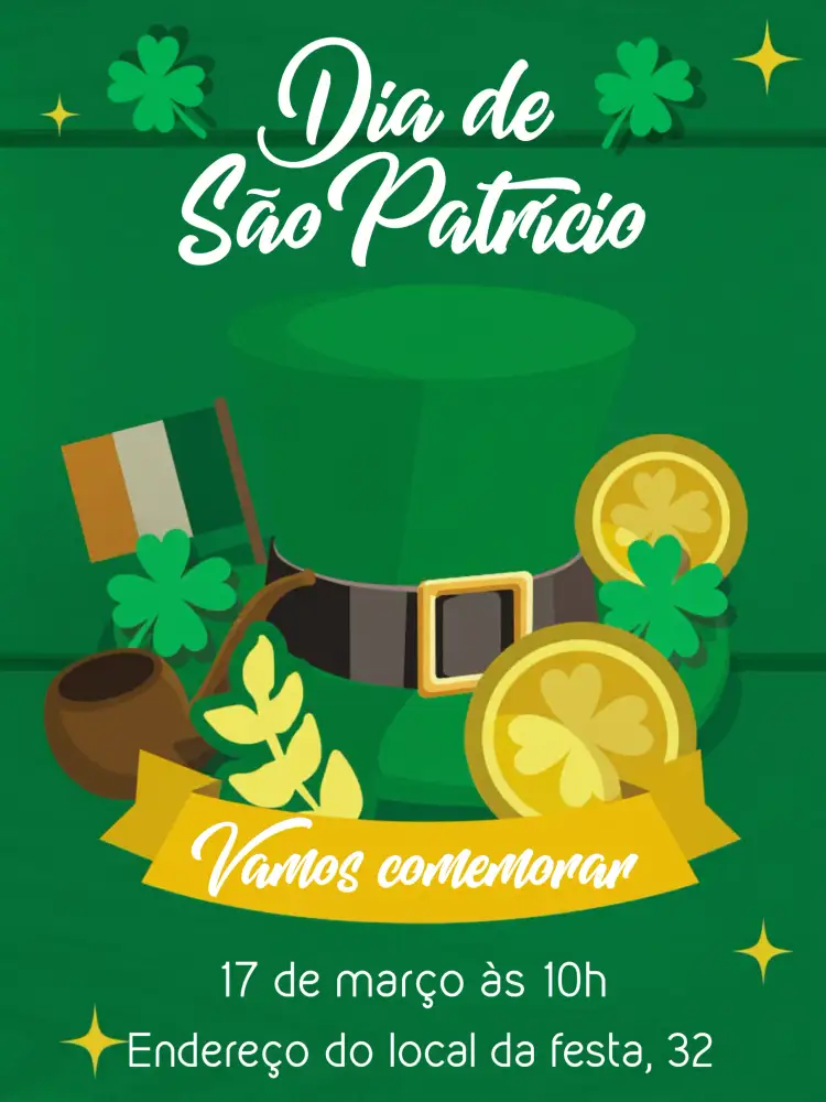 Convite Dia De São Patrício Verde – tema Datas Comemorativas verde, irlandês, festivo, divertido, moderno, colorido