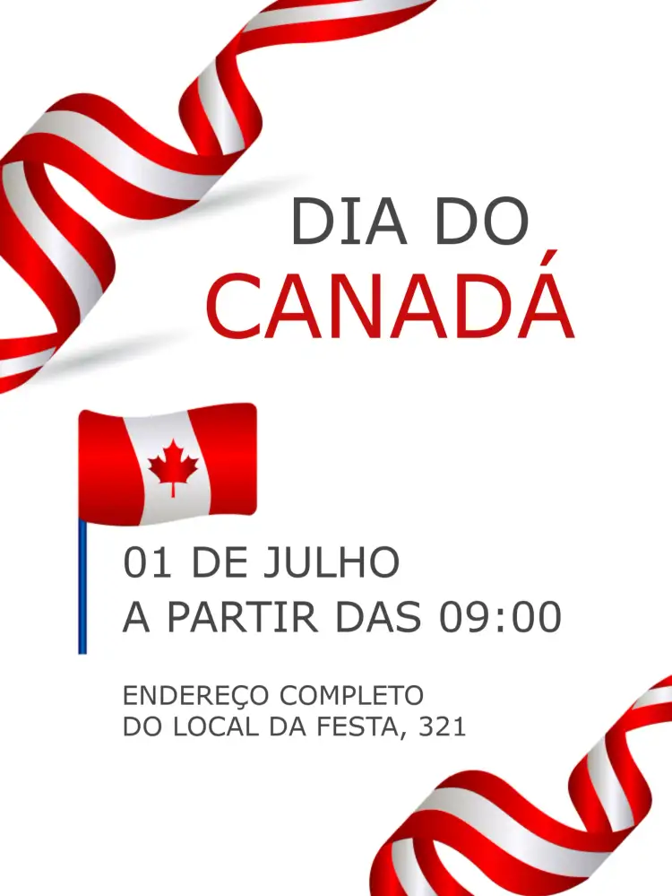 Convite Dia Do Canadá Celebração – tema Datas Comemorativas vermelho e branco, minimalista, moderno, festivo, patriótico
