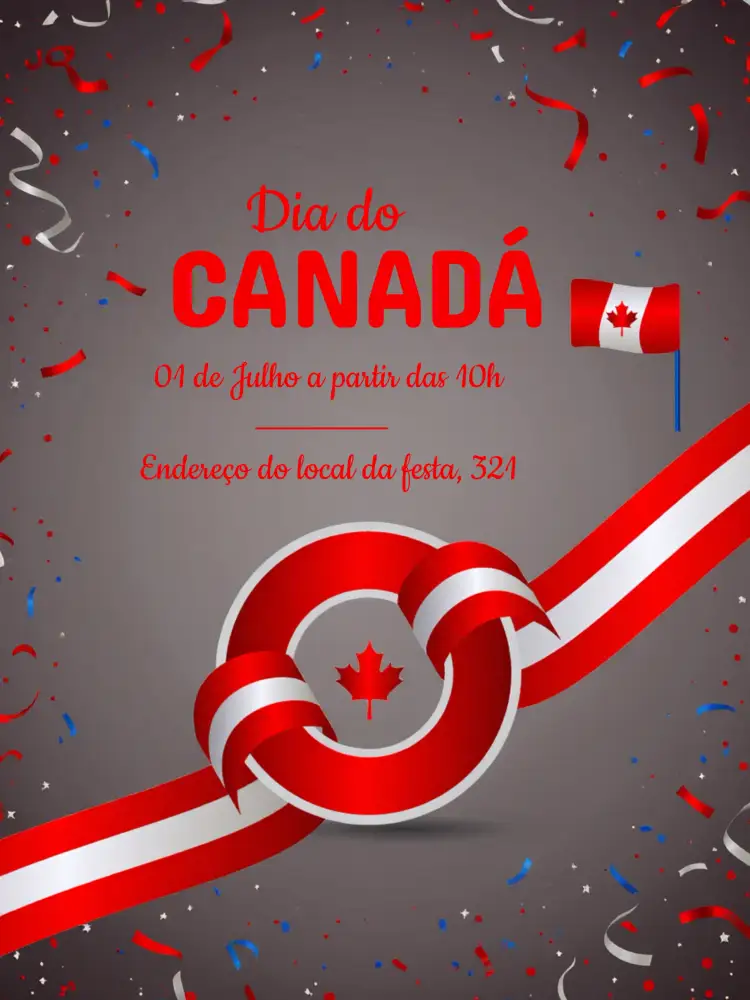 Convite Dia Do Canadá Comemoração – tema Datas Comemorativas vermelho e branco, minimalista, moderno, com elementos gráficos da bandeira, festivo, colorido
