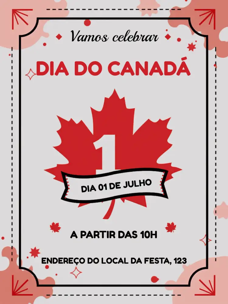Convite Dia Do Canadá Day – tema Datas Comemorativas vermelho, branco, preto, moderno, temático